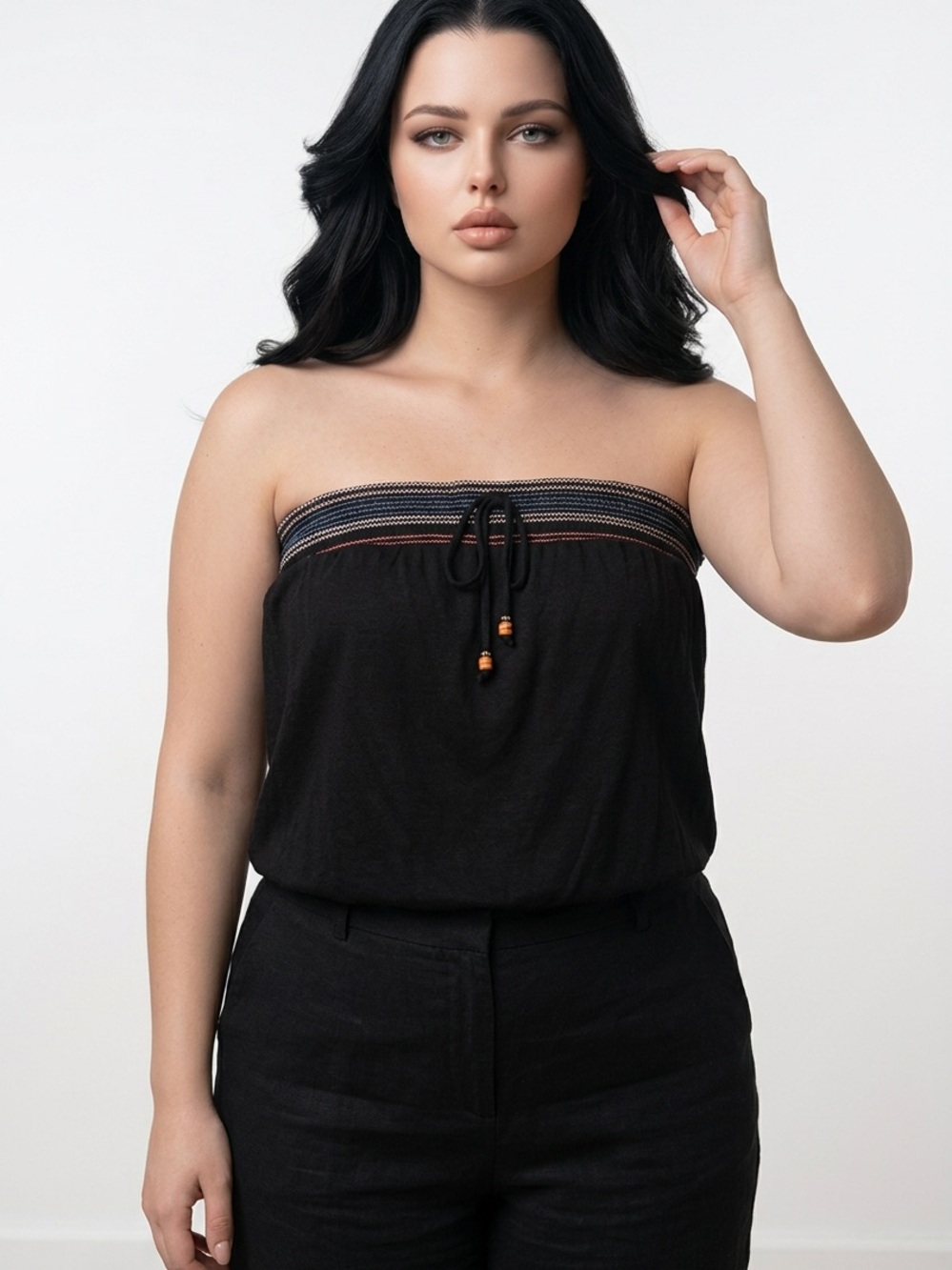 Tempted Hearts Black Strapless Smocked Top with Embroidered Trim